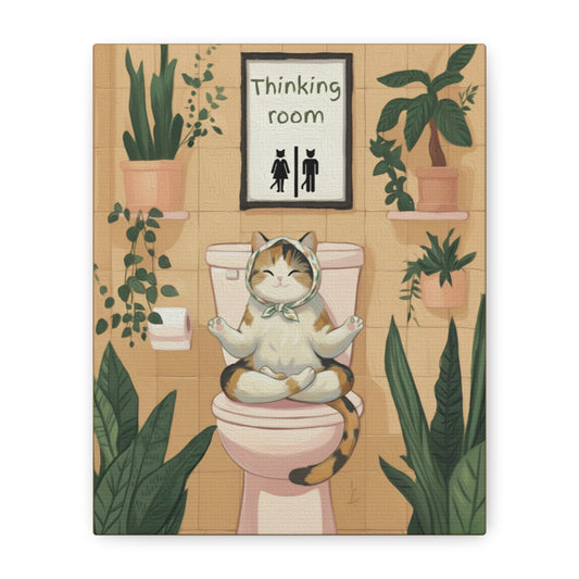 Funny Cat Bathroom Wall Art – “Thinking Room” Toilet Decor Canvas