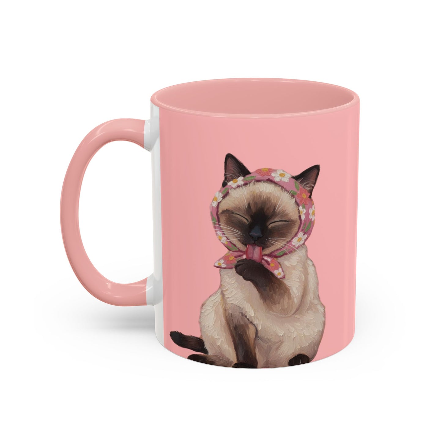 mug featuring Betty the Sassy Siamese Cat in a flower scarf on a pink background, perfect for tea and coffee