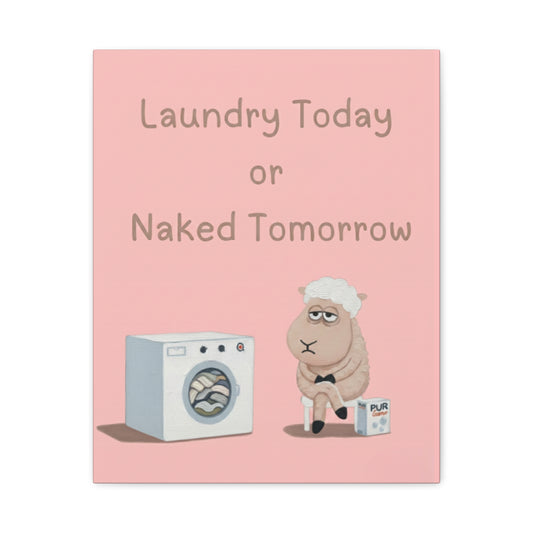 Funny Laundry Room Wall Art – “Laundry Today or Naked Tomorrow” Sheep canvas print with washing machine.