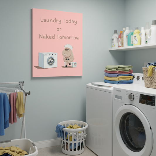 Funny Laundry Room Wall Art featuring a sheep and laundry message in a utility room with washing machine.