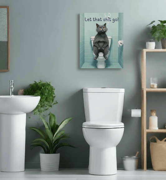 bathroom wall art, let go of that shit cat canvas