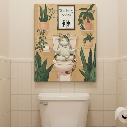 Funny Cat Bathroom Wall Art – “Thinking Room” Toilet Decor Canvas
